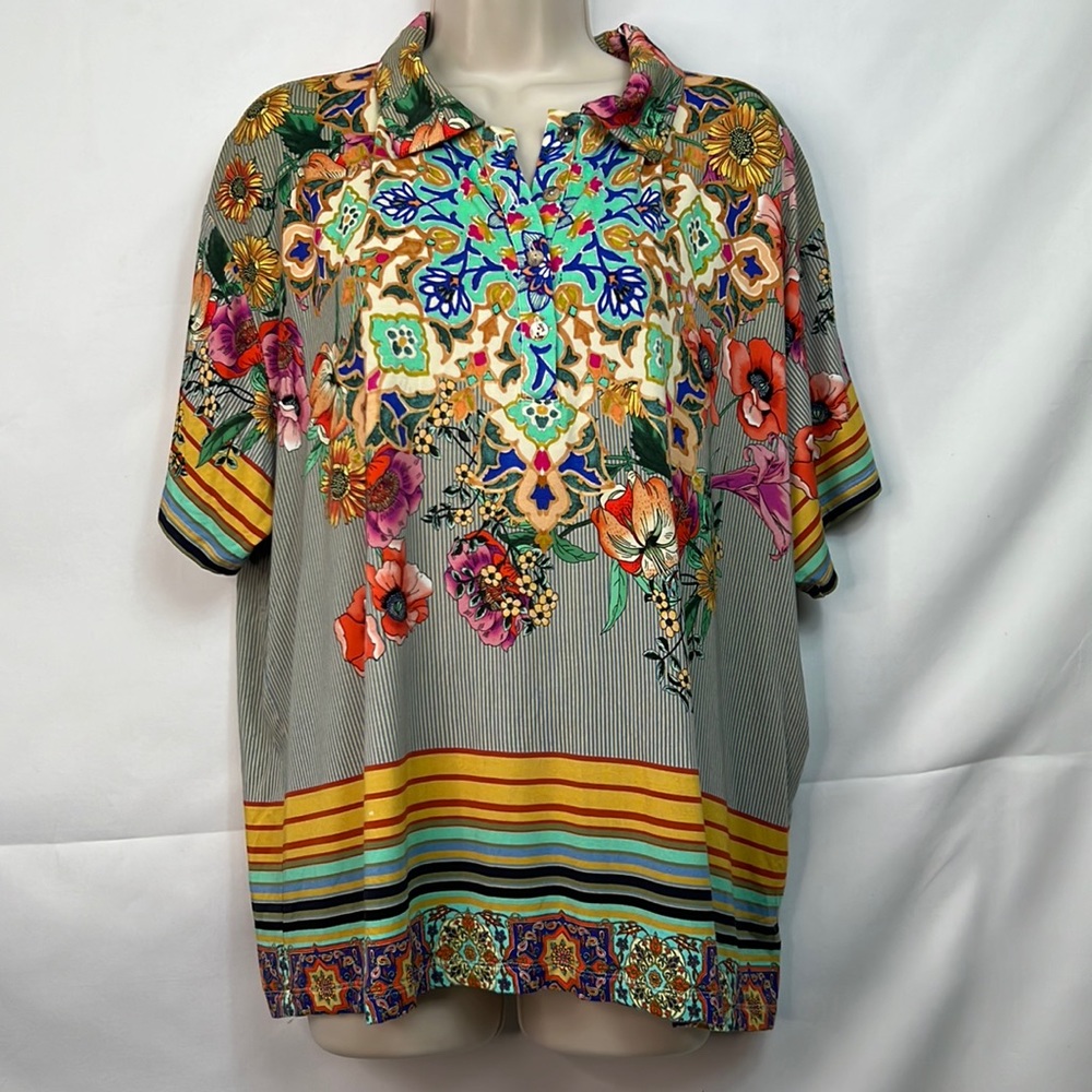 Johnny Was Hunter printed knit shirt sleeve polo EUC size xl FIRM on price